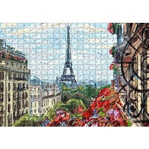 Balkondan Paris Eyfel Manzarası Artwork Puzzle Yapboz Mdf Ahşap 500 Parça
