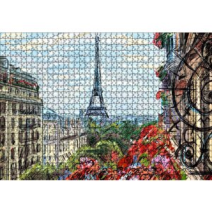 Balkondan Paris Eyfel Manzarası Artwork Puzzle Yapboz Mdf Ahşap 1000 Parça