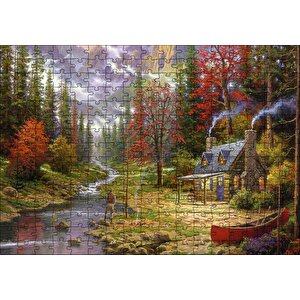 Cakapuzzle Orman Dere İnsan Ev Görseli Puzzle Yapboz Mdf Ahşap