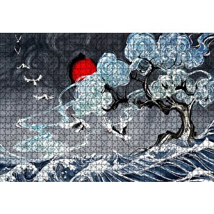 Leylekler Dalgalı Deniz Ağaç Ve Güneş Yağlı Boya Puzzle Yapboz Mdf Ahşap 1000 Parça