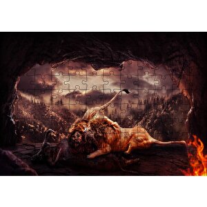Aslanların Mağarada Dövüşü Puzzle Yapboz Mdf Ahşap 120 Parça