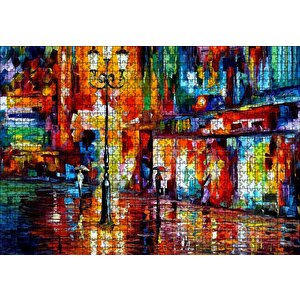 Yağmur Mağaza Işıkları Ve Sokak Lambası Yağlı Boya Puzzle Yapboz Mdf Ahşap 1000 Parça