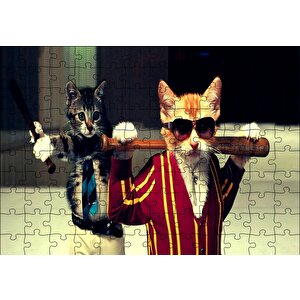 Beyzbolcu Kediler Puzzle Yapboz Mdf Ahşap 120 Parça