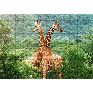 Ormanda Zürafa Çifti Puzzle Yapboz Mdf Ahşap 120 Parça