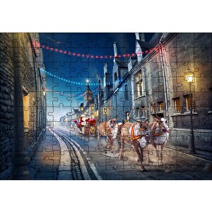 Nostaljik Sokakta Noel Baba Ve Geyikleri Puzzle Yapboz Mdf Ahşap 120 Parça