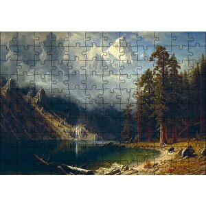 Dağ Gölü, Orman Ve Karlı Zirve Yağlı Boya Puzzle Yapboz Mdf Ahşap 120 Parça