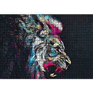 Erkek Aslan Renkli Fırça Darbeleri Siyah Zemin Puzzle Yapboz Mdf Ahşap 1000 Parça