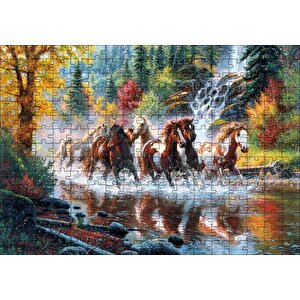 Ormanda Akarsu Şelale Ve Yaban Atları Puzzle Yapboz Mdf Ahşap 255 Parça