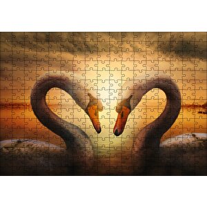 Günbatımı Göl Kuğular Kalp Puzzle Yapboz Mdf Ahşap 255 Parça