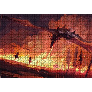 Ejderha Aleviyle Yanan Orman Ve Savaşçılar Puzzle Yapboz Mdf Ahşap 1000 Parça