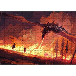 Ejderha Aleviyle Yanan Orman Ve Savaşçılar Puzzle Yapboz Mdf Ahşap 255 Parça
