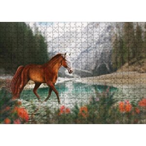 Göl Kıyısında Kahverengi At Flu Orman Arka Plan Puzzle Yapboz Mdf Ahşap 500 Parça