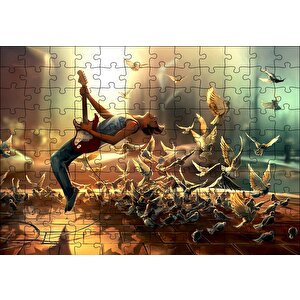 Elektrogitar Güvercinler Ve Güneş Işıkları Puzzle Yapboz Mdf Ahşap 120 Parça