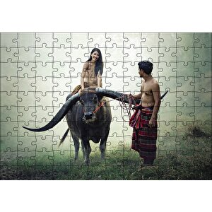 Boynuzlu Manda Genç Kız Ve Erkek Puzzle Yapboz Mdf Ahşap 120 Parça