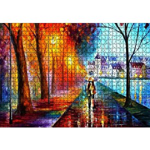 Yağmur Sahil Şemsiyeli Çift Yağlı Boya Puzzle Yapboz Mdf Ahşap 1000 Parça
