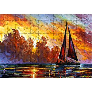 Günbatımı Kızıl Bulutlar Ve Yelkenli Yağlı Boya Puzzle Yapboz Mdf Ahşap 120 Parça