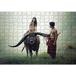 Boynuzlu Manda Genç Kız Ve Erkek Puzzle Yapboz Mdf Ahşap 255 Parça