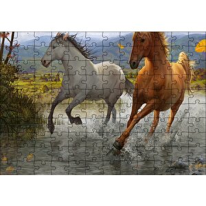 Kahverengi Ve Beyaz Koşan Atlar Çizim Puzzle Yapboz Mdf Ahşap 120 Parça
