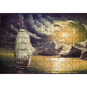 Yelkenli Bulutlar Kayalıklar Ve Ay Işığı Puzzle Yapboz Mdf Ahşap 120 Parça