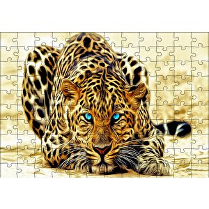 Mavi Gözlü Leopar İllüstrasyon Puzzle Yapboz Mdf Ahşap 120 Parça