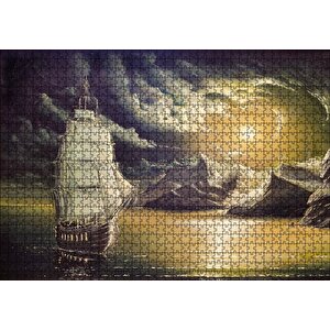 Yelkenli Bulutlar Kayalıklar Ve Ay Işığı Puzzle Yapboz Mdf Ahşap 1000 Parça