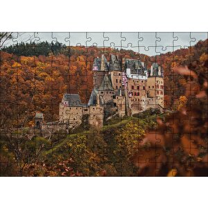 Kızıl Sonbahar Ağaçları Arasındaki Şato Puzzle Yapboz Mdf Ahşap 120 Parça
