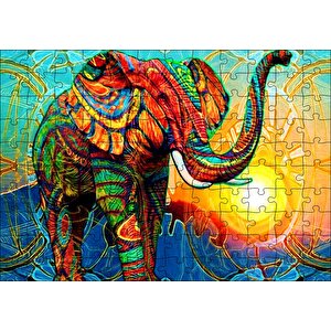 Rengarenk Fil Ve Güneş Dijital Çizim Puzzle Yapboz Mdf Ahşap 120 Parça