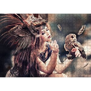 Baykuş Ve Kuş Kostümlü Kadın Puzzle Yapboz Mdf Ahşap 500 Parça