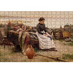 Sandalda Çocuklar Ve Kederli Kadın Puzzle Yapboz Mdf Ahşap 255 Parça
