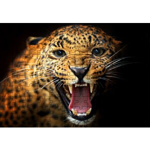 Agresif Leopar Siyah Zemin Puzzle Yapboz Mdf Ahşap 120 Parça