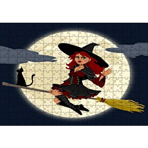 Dolunay Ve Süpürgeli Cadıyla Kedisi Puzzle Yapboz Mdf Ahşap 255 Parça