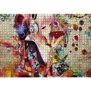Anime Kulaklıklı Genç Kız Çay İçiyor Puzzle Yapboz Mdf Ahşap 1000 Parça