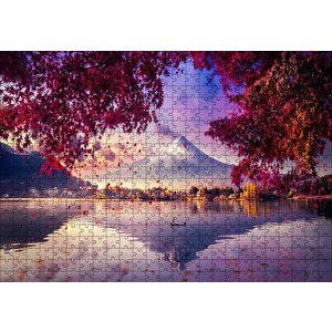 Sonbaharda Göldeki Kayık Ve Karlı Zirve Puzzle Yapboz Mdf Ahşap 500 Parça