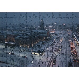Karla Kaplı Caddeler Ve Tren İstasyonu Puzzle Yapboz Mdf Ahşap 120 Parça