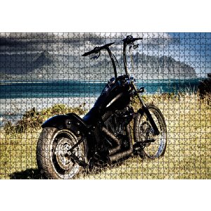 Siyah Chopper Motorsiklet Deniz Ve Dağlar Puzzle Yapboz Mdf Ahşap 1000 Parça