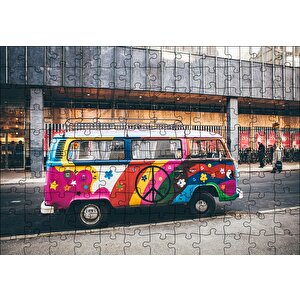 Hippi Tarzı Süslenmiş Volkswagen Minibüs Puzzle Yapboz Mdf Ahşap 120 Parça