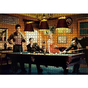 Elvis Clark Marilyn Ve James Bilardo Masasında Puzzle Yapboz Mdf Ahşap 1000 Parça