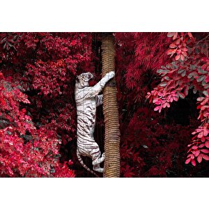 Kırmızı Yapraklar Ve Ağaca Tırmanan Beyaz Kaplan Puzzle Yapboz Mdf Ahşap 500 Parça