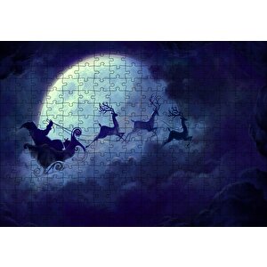 Dolunay Bulutlar Geyikler Ve Noel Baba Puzzle Yapboz Mdf Ahşap 255 Parça
