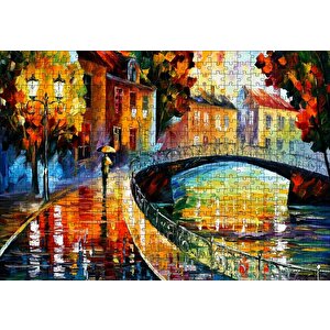 Şemsiyeli Adam Ve Köprü Yağlı Boya Puzzle Yapboz Mdf Ahşap 500 Parça