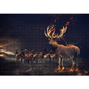 Gece Ve Geyikler İllüstrasyon Puzzle Yapboz Mdf Ahşap 500 Parça