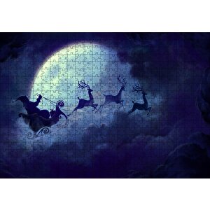 Dolunay Bulutlar Geyikler Ve Noel Baba Puzzle Yapboz Mdf Ahşap 500 Parça