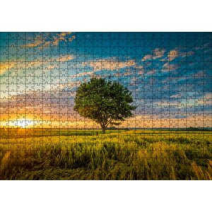 Çayırda Günbatımı Bulutlar Ve Yalnız Ağaç Puzzle Yapboz Mdf Ahşap 500 Parça