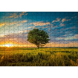 Çayırda Günbatımı Bulutlar Ve Yalnız Ağaç Puzzle Yapboz Mdf Ahşap 255 Parça