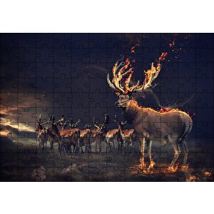 Gece Ve Geyikler İllüstrasyon Puzzle Yapboz Mdf Ahşap 120 Parça