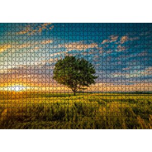 Çayırda Günbatımı Bulutlar Ve Yalnız Ağaç Puzzle Yapboz Mdf Ahşap 1000 Parça