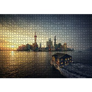 Günbatımı Yüzen Ev Ve Gökdelenler Puzzle Yapboz Mdf Ahşap 1000 Parça