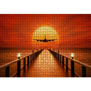 Okyanus İskele Günbatımı Ve Uçak Puzzle Yapboz Mdf Ahşap 1000 Parça
