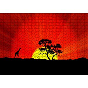 Günbatımında Yalnız Ağaç Ve Zürafa Puzzle Yapboz Mdf Ahşap 500 Parça