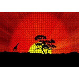Günbatımında Yalnız Ağaç Ve Zürafa Puzzle Yapboz Mdf Ahşap 1000 Parça